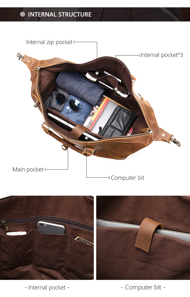 Handmade Crazy Horse Genuine Leather Duffle Bag for Men