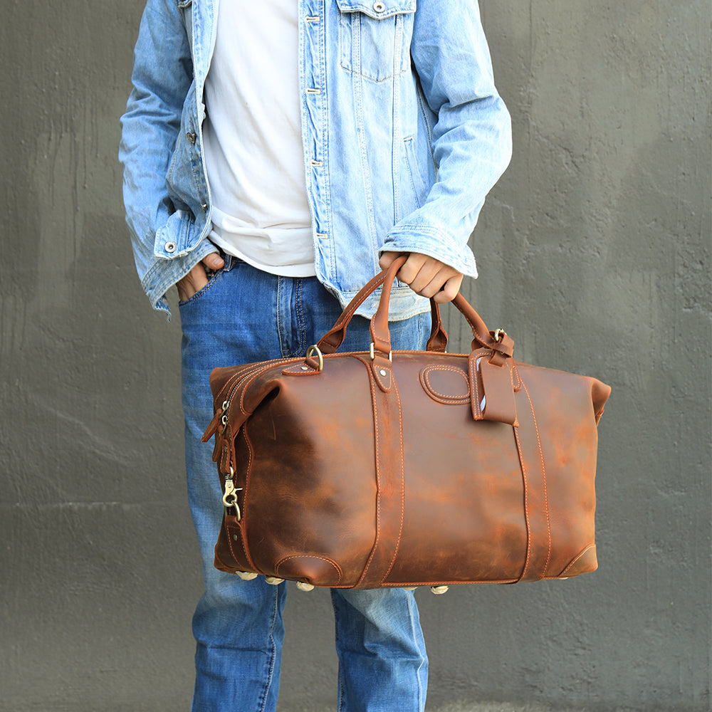 Handmade Crazy Horse Genuine Leather Duffle Bag for Men