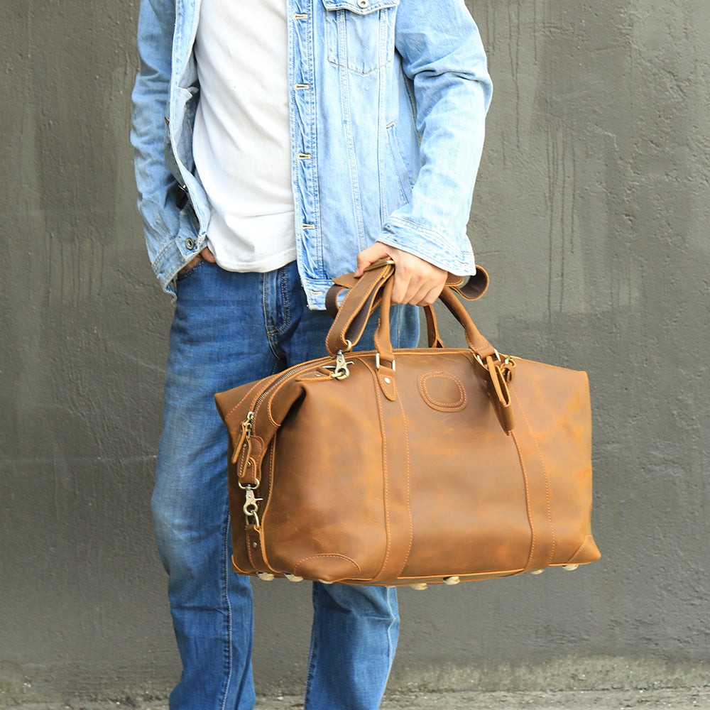 Handmade Crazy Horse Genuine Leather Duffle Bag for Men