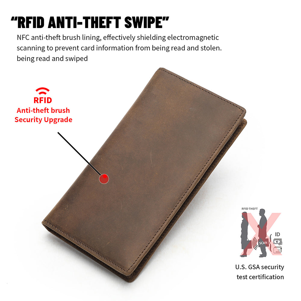 Crazy Horse Genuine Leather Men Long RFID Anti-theft Wallet