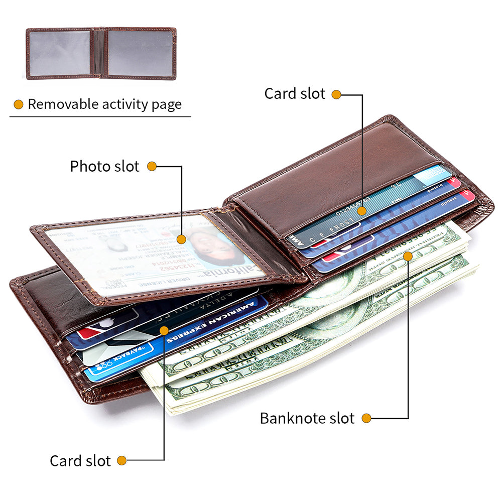 Men Genuine Leather RFID Bifold Wallet with 12 Cards Holder and 2 ID Windows