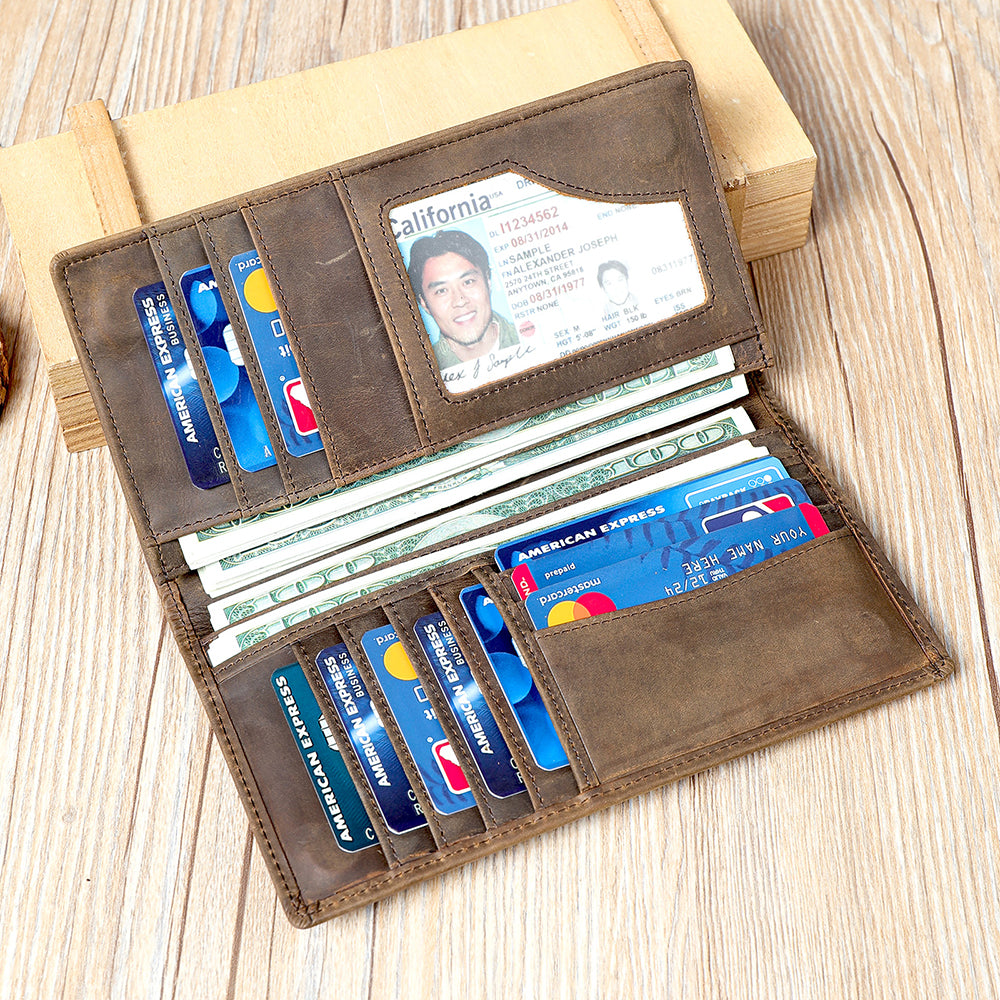 Crazy Horse Genuine Leather Men Long RFID Anti-theft Wallet