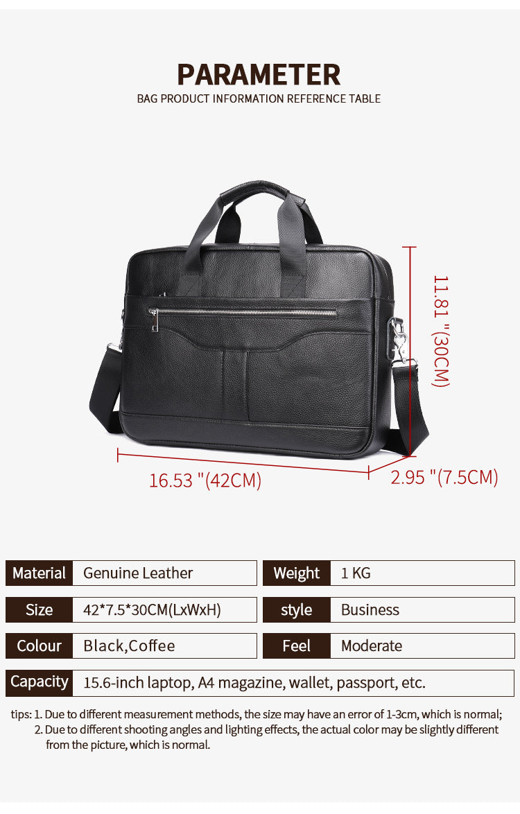 Men's Genuine Leather Waterproof Laptop Briefcase