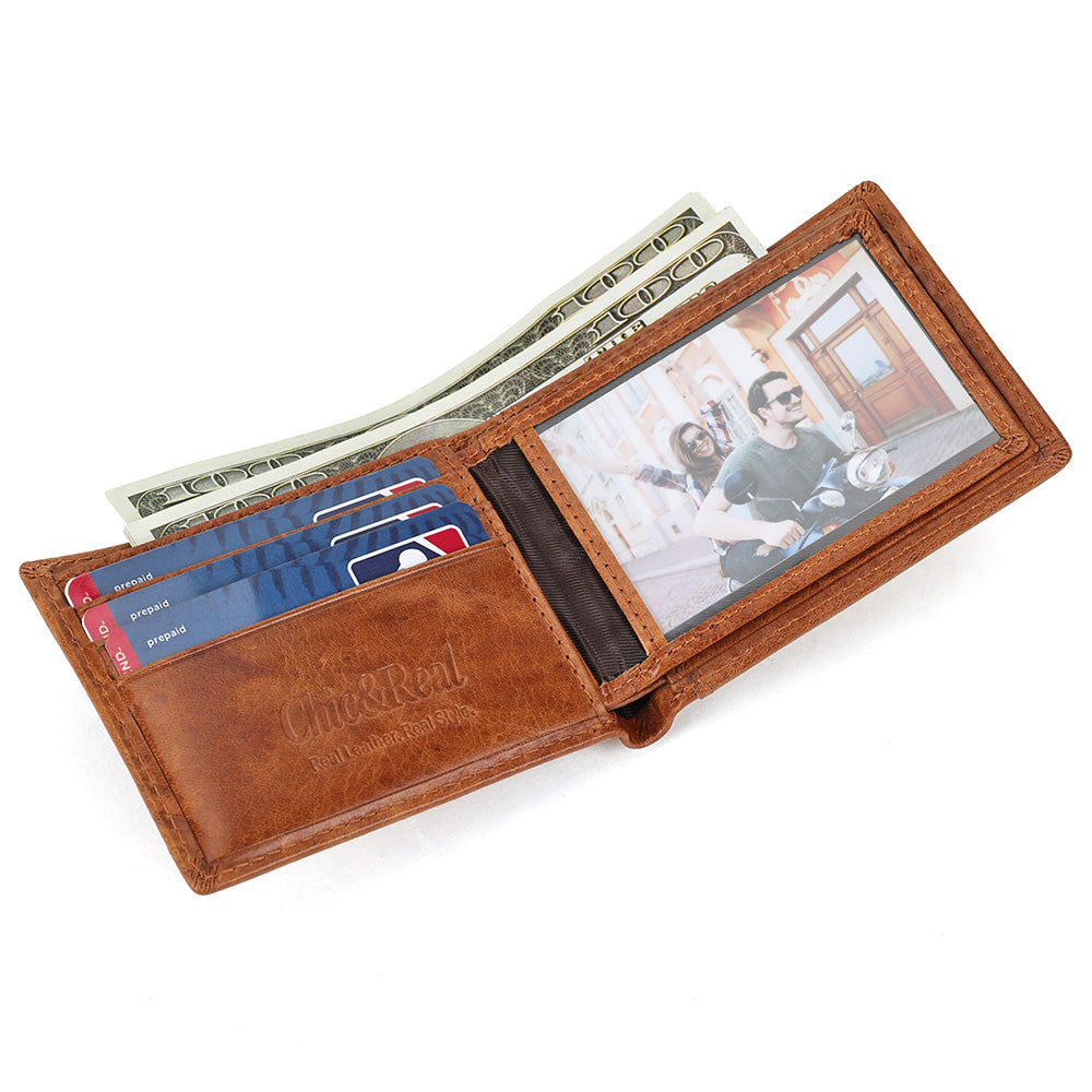 Men Genuine Leather RFID Bifold Wallet with 12 Cards Holder and 2 ID Windows